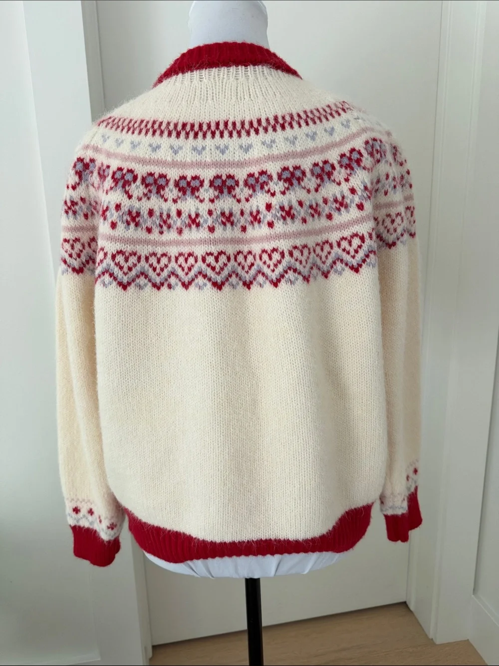 FAIR ISLE  Hearts Bows Cardigan Sweater Fuzzy Soft Cozy Pockets Nordic Soft Girl - Picture 7 of 17